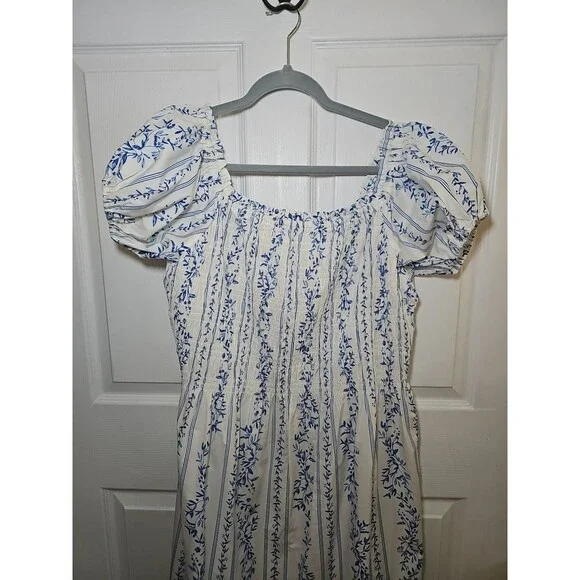 H&M Blue White Floral Dress Off The Shoulder Small Smocked Puff Sleeve NWT XXL - Picture 2 of 5